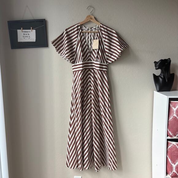 NEW Oroton Dress Striped V-Neck Flutter Sleeve Midi Dress Brown White Size 8 - Picture 2 of 10